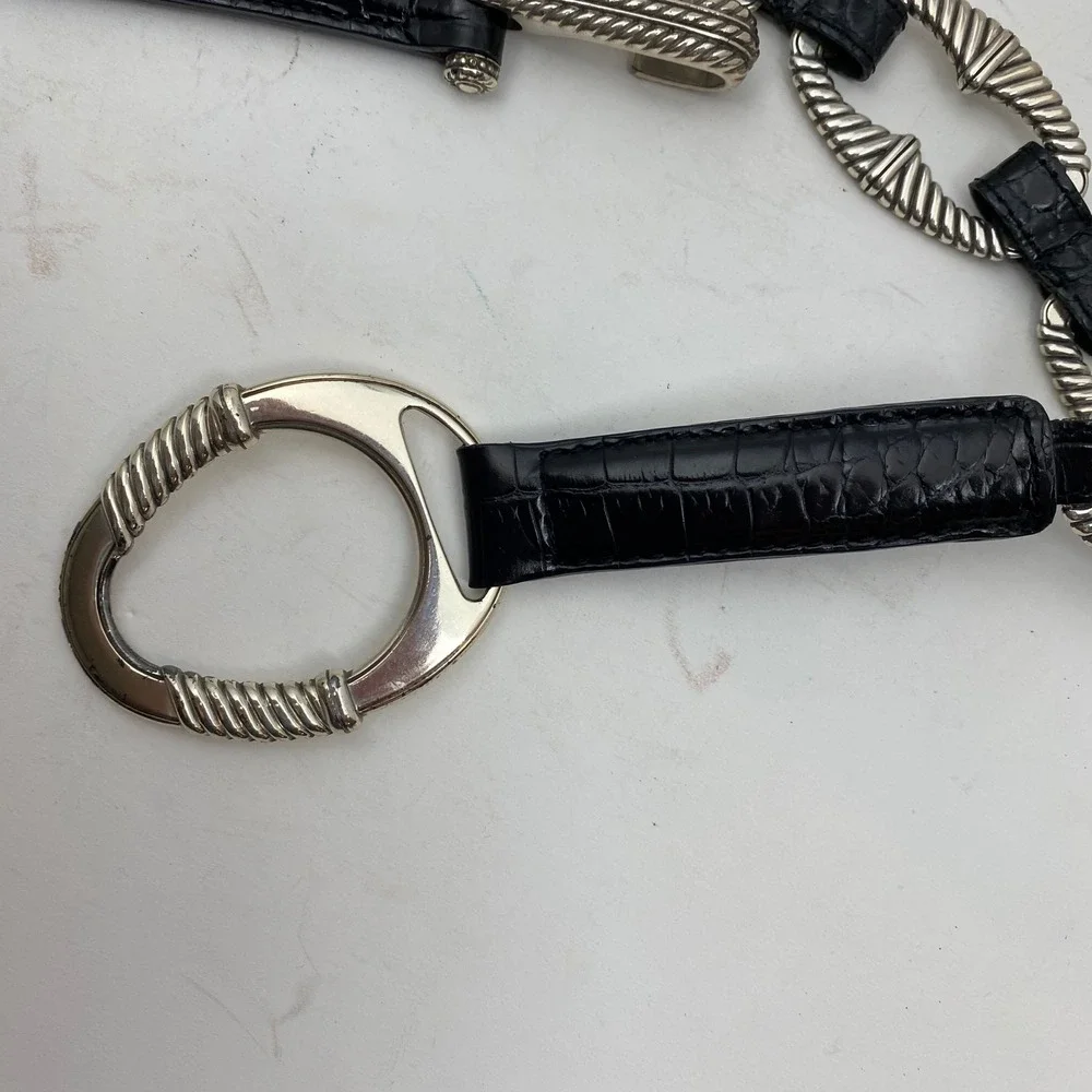 Brighton Croc Embossed Leather Silver Chain Link Hook Belt Womens 36 Black